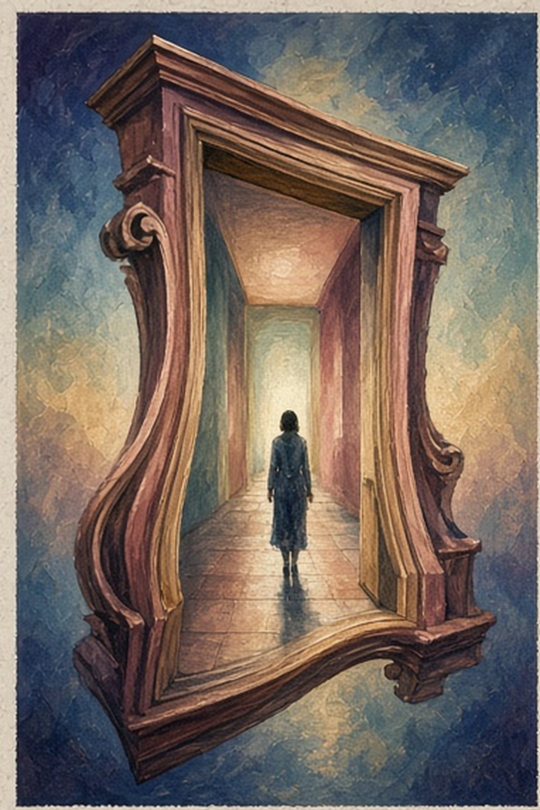 Surreal gouache doorway opening into a calm, navigable corridor