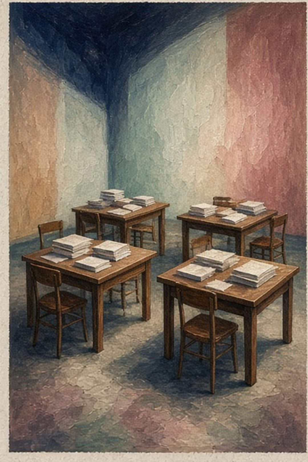 Gouache Sort room with four unlabeled preparation tables