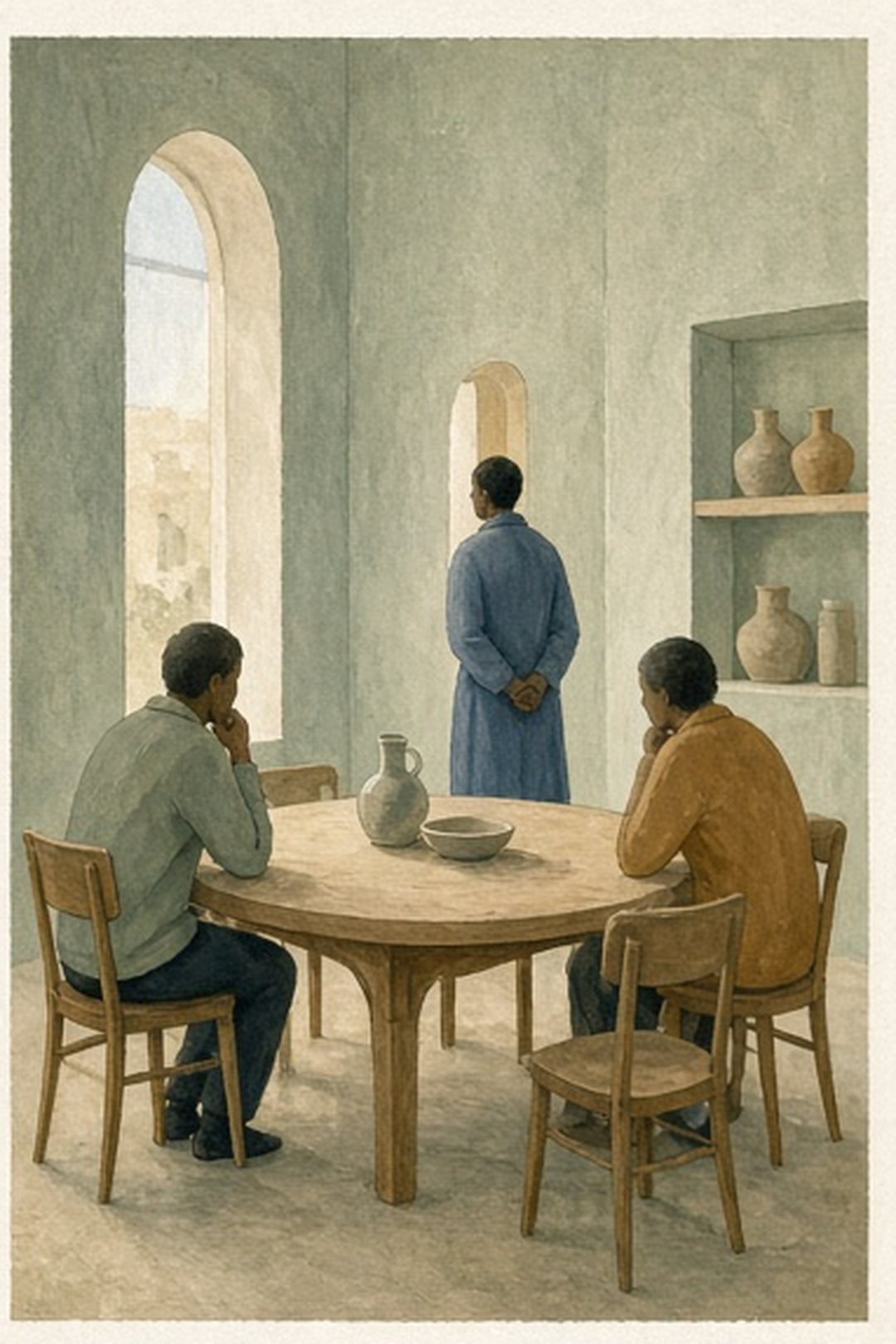 Gouache food-question room arranged for preparing a conversation