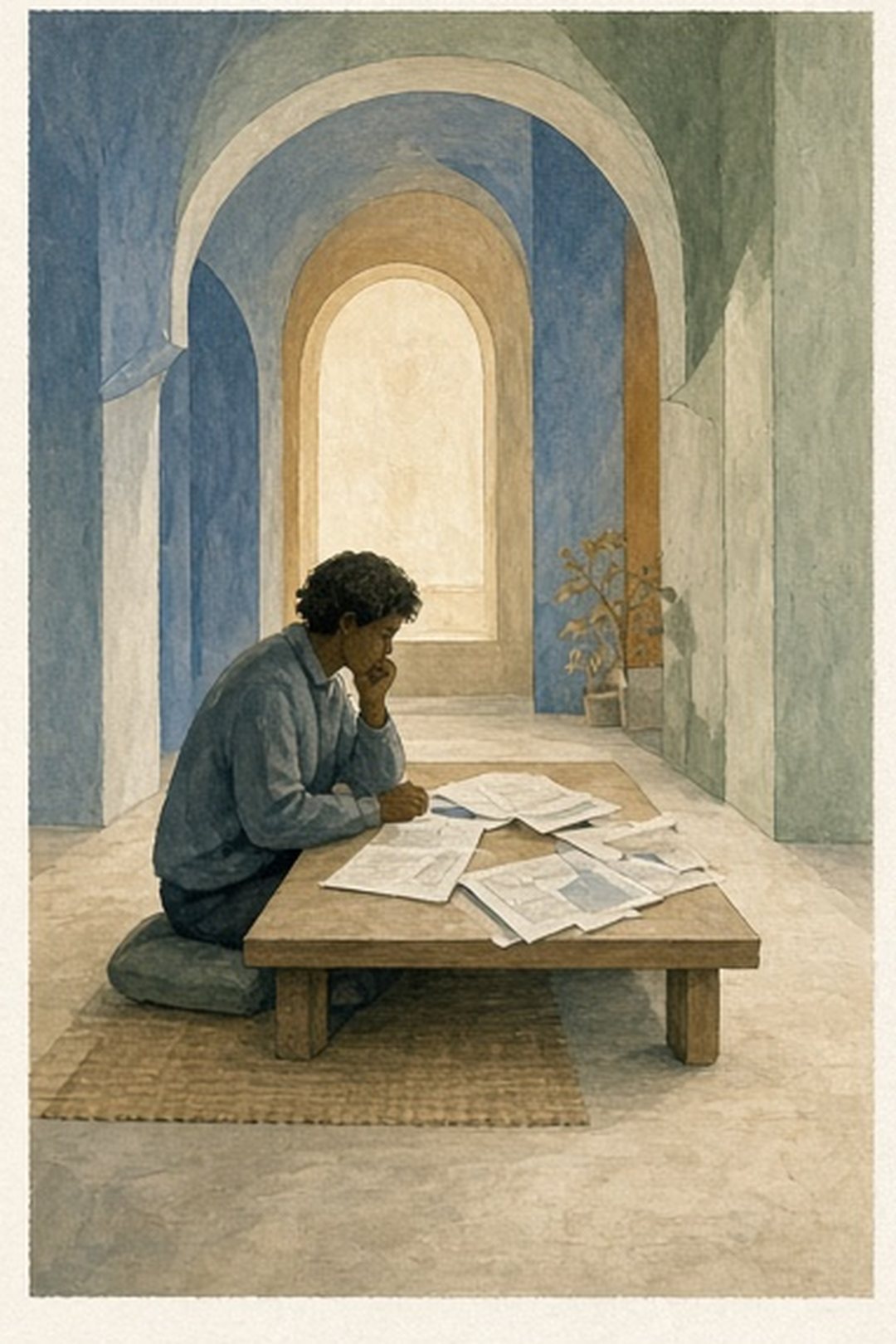 Gouache housing-question room focused on papers and clear questions