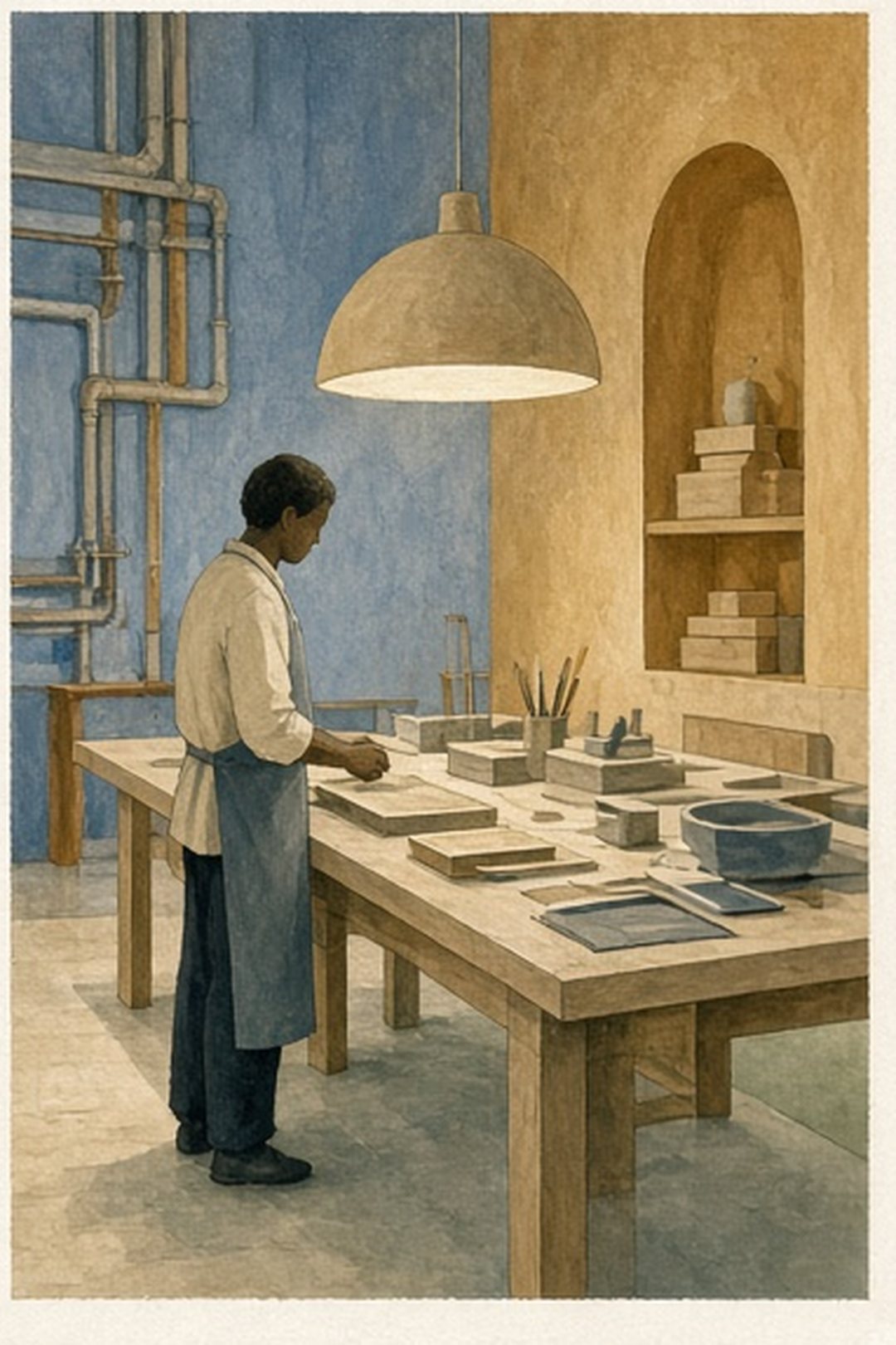 Gouache utility-question room with light, pipes, and an organized table