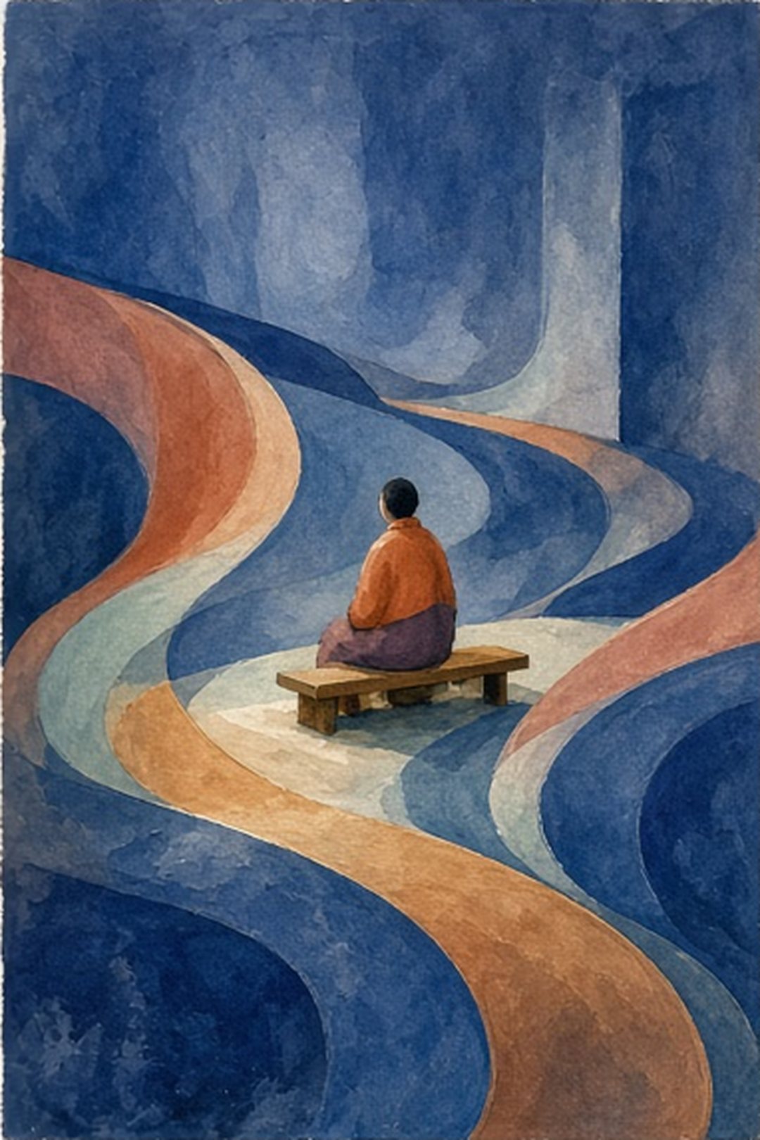 Gouache transit-question room with routes converging at a quiet bench