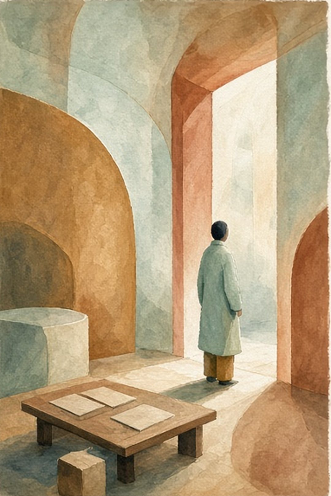 Gouache work-and-school threshold with papers and a clear doorway
