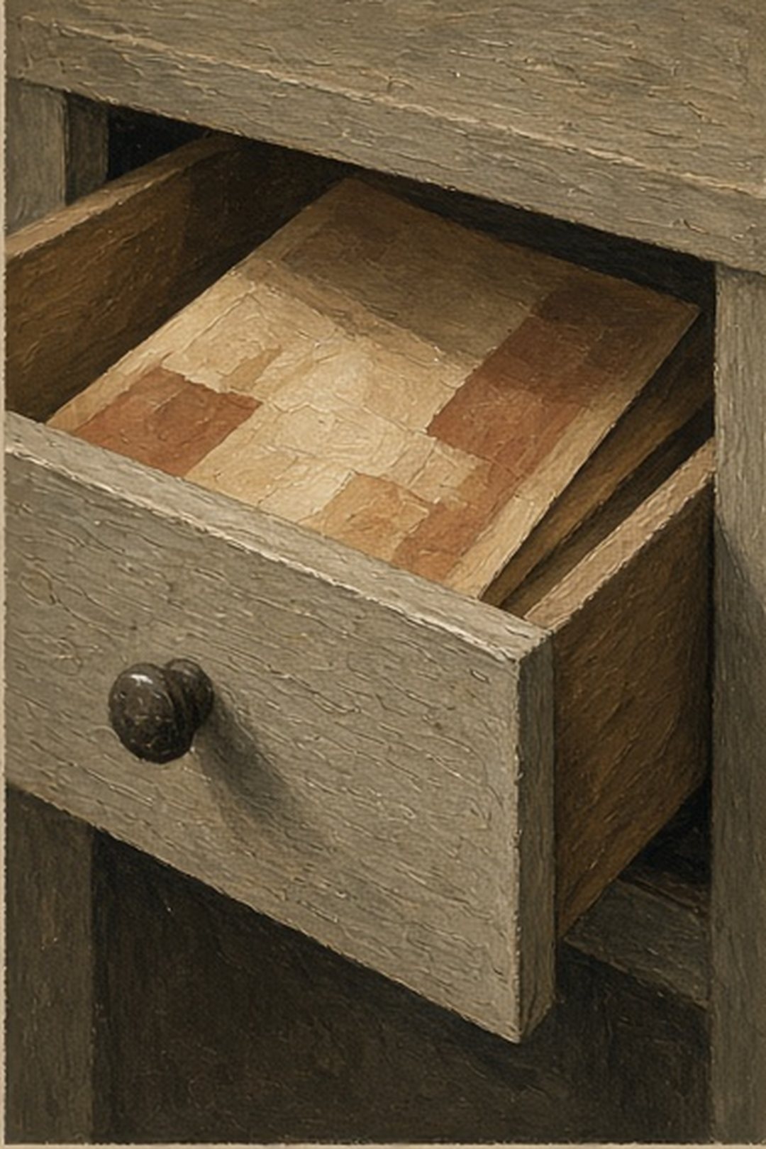 A private gouache doorway plan resting inside a closed drawer