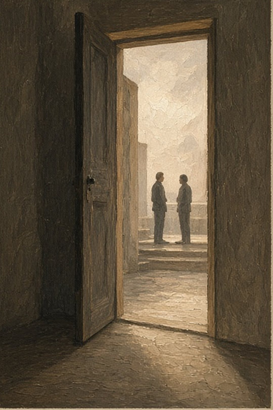 An open gouache exit leading from imagined rooms toward an ordinary conversation
