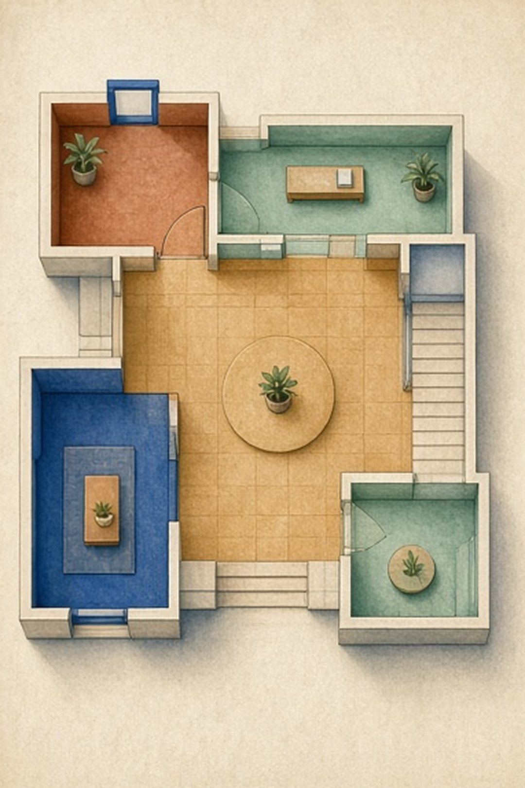 Calm gouache floor-plan overview with visible exits