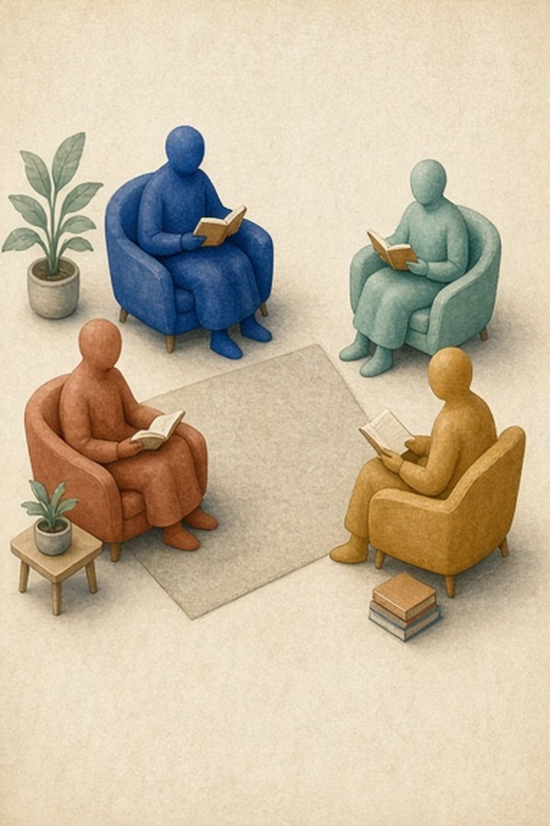 Unidentifiable readers sharing context around a calm gouache table
