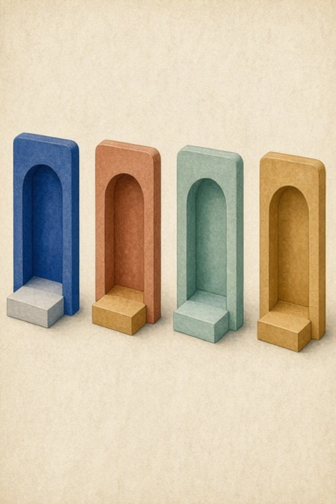 Four unlabeled doorway tokens representing four selected cards
