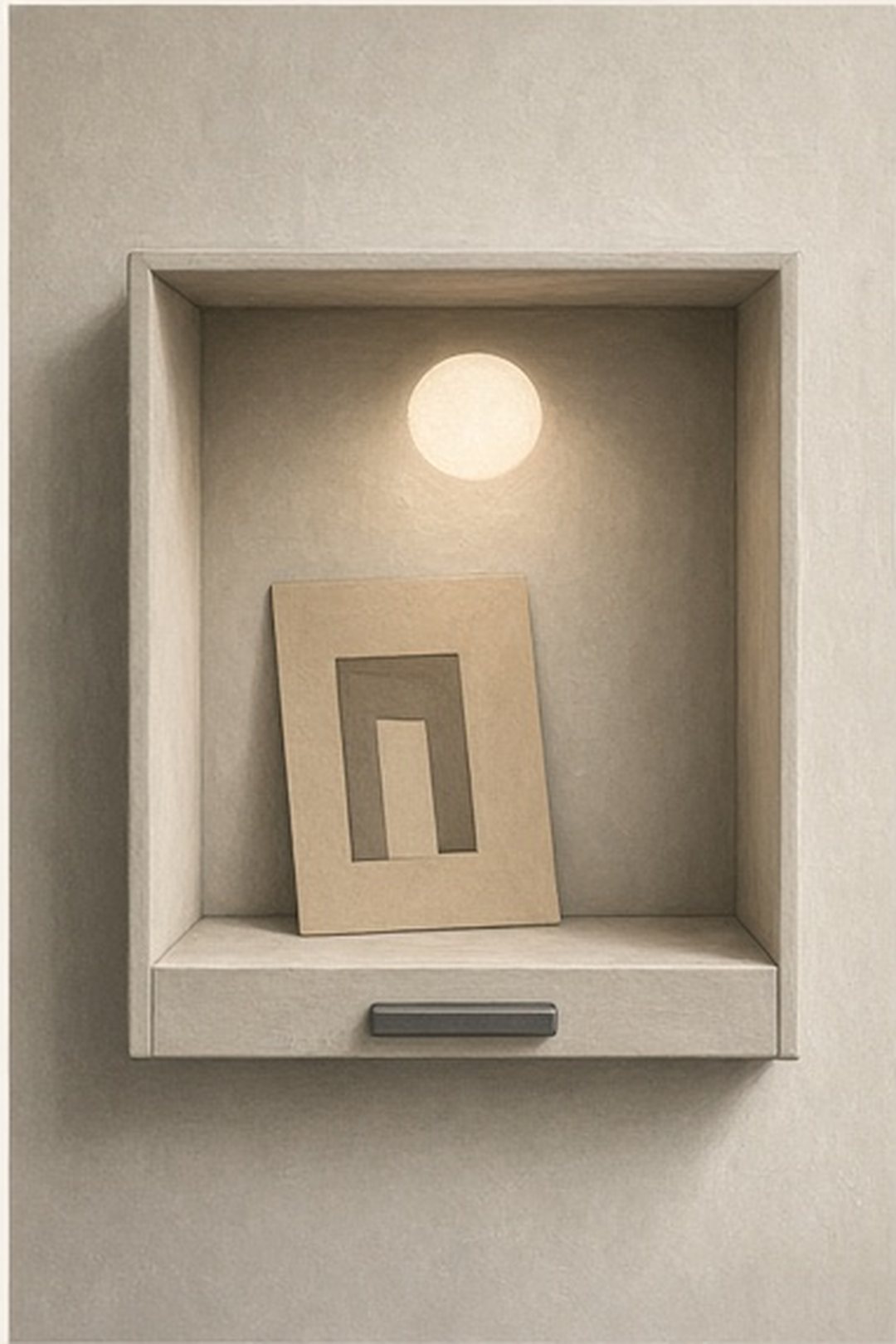 A saved gouache doorway plan with clock-like light inside a private drawer