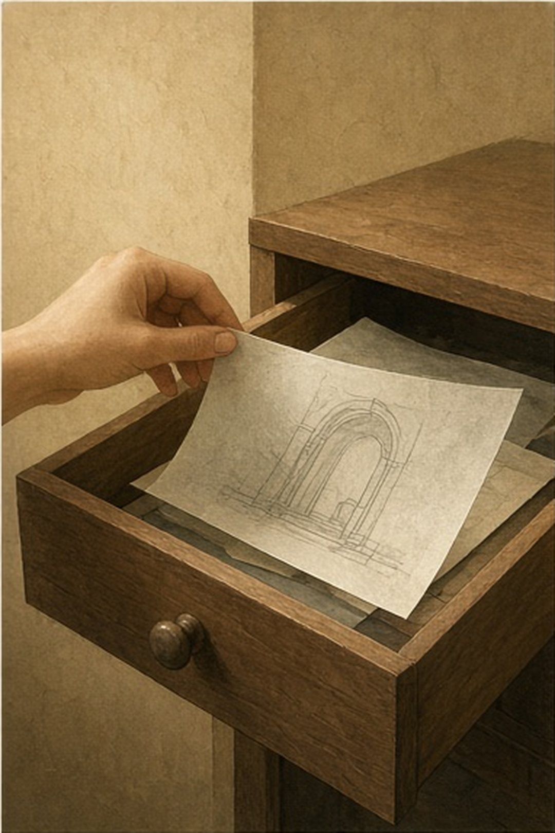 One saved doorway plan being removed from a painted drawer