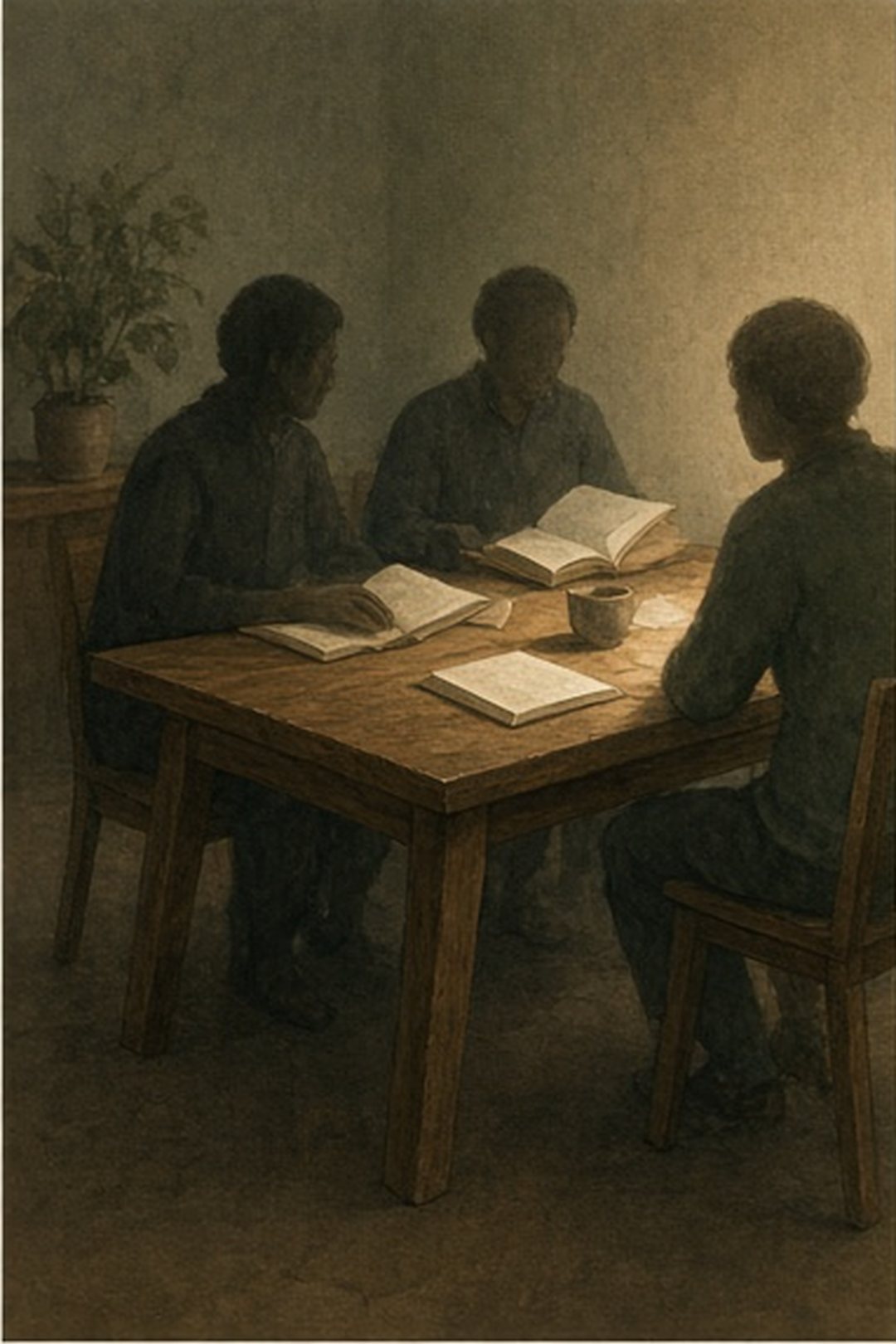Family reading table with adult context and unidentifiable figures